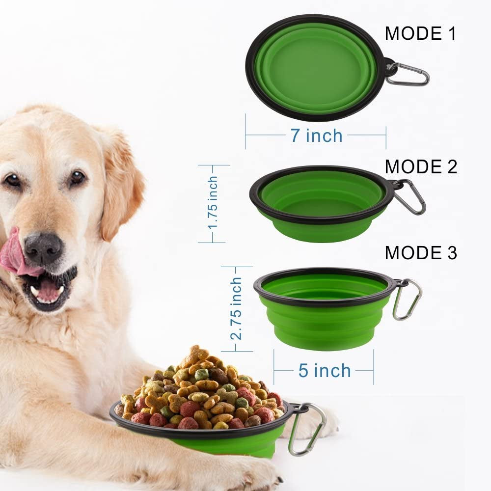 Large Foldable Dog Bowls with Carabiner Clips, 2 Pack, Green+Blue