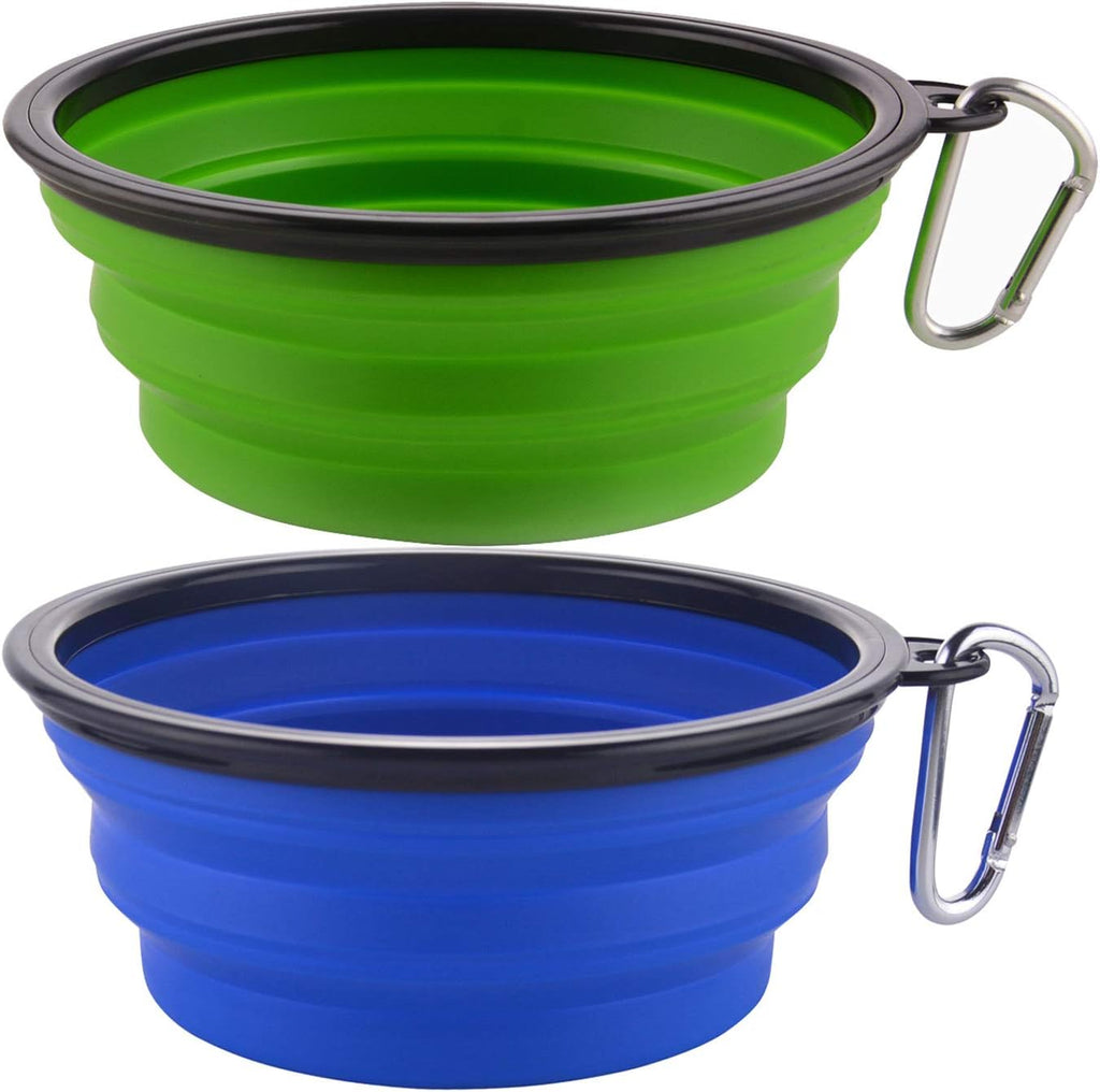 Large Foldable Dog Bowls with Carabiner Clips, 2 Pack, Green+Blue