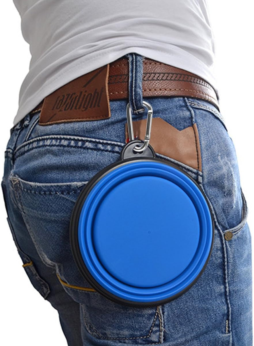 Large Foldable Dog Bowls with Carabiner Clips, 2 Pack, Green+Blue