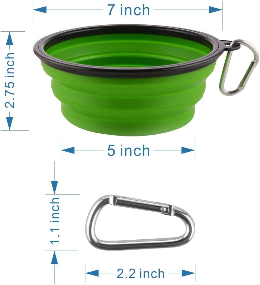 Large Foldable Dog Bowls with Carabiner Clips, 2 Pack, Green+Blue